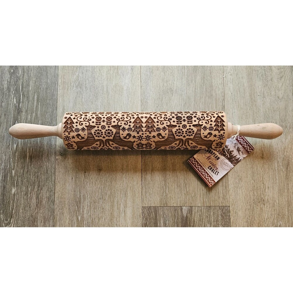 Poland Embossing Rolling Pin European Winter Chalet Deer Folk Art NIB